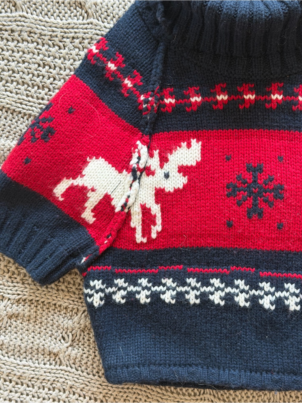 Reindeer Jacquard Turtleneck Crop Sweater In Navy And Red — image 2 of 6